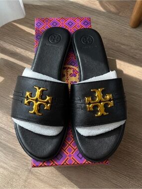 Tory Burch Black Slide Sandals with Gold Logo Accent